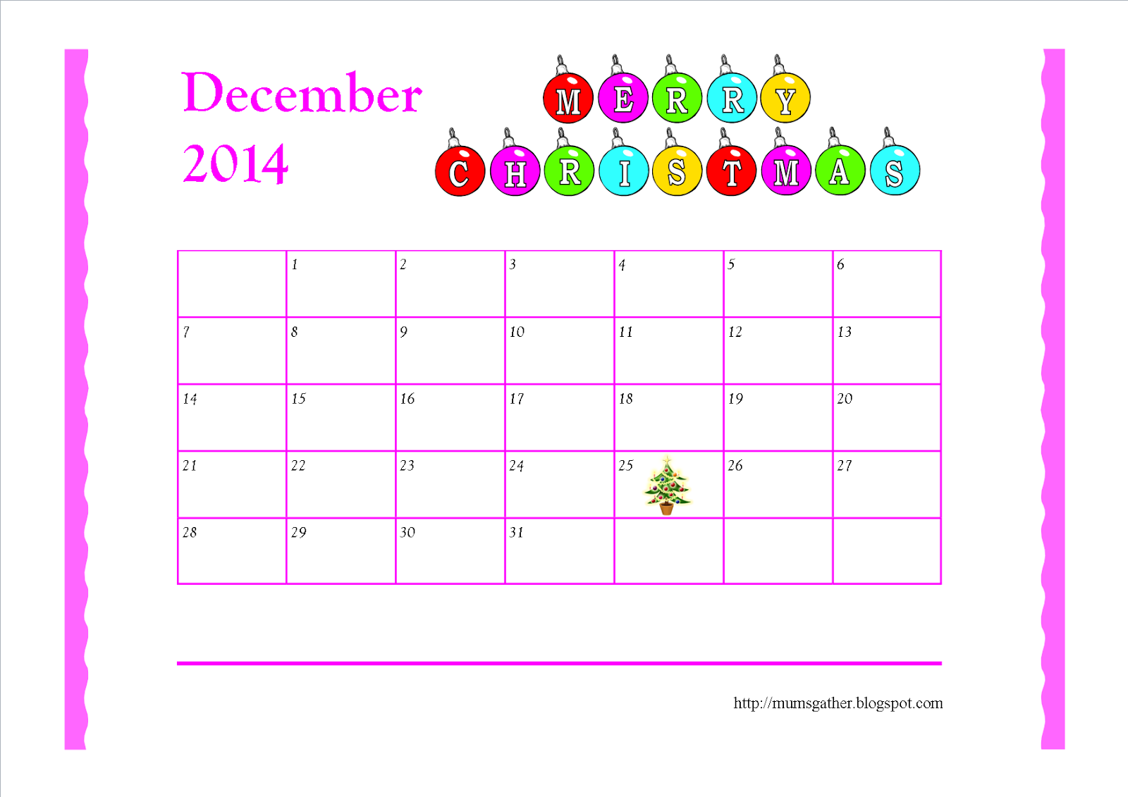Free Printable December 2014 Calendar For Kids - Santa, Christmas Tree