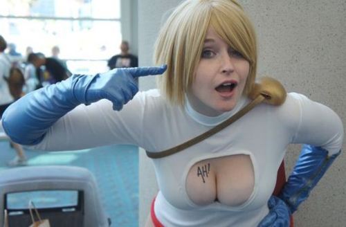 power girl breasts as she bends over