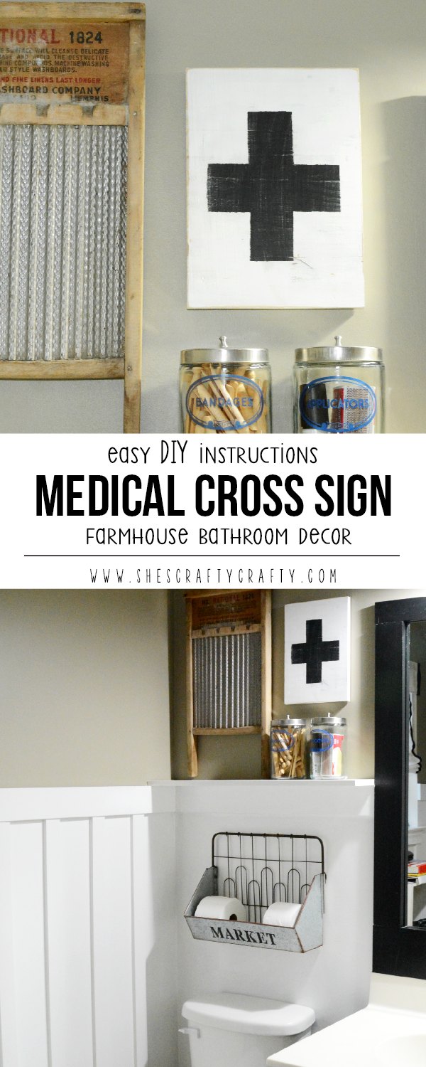 DIY instructions to make a medical cross sign for farmhouse bathroom decor