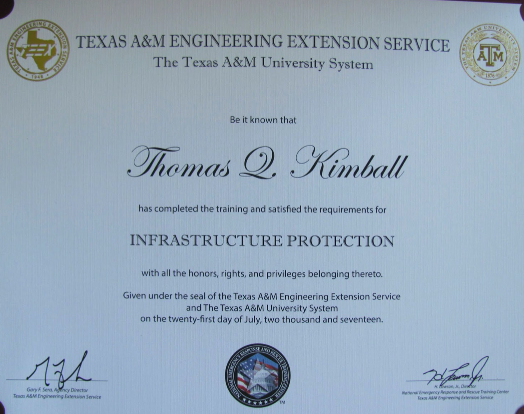 TEEX Infrastructure Protection certificate