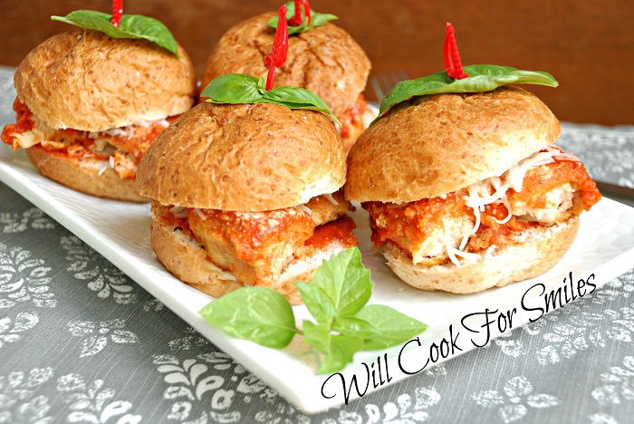 4 Chicken Parmesan Sliders on a white plate 