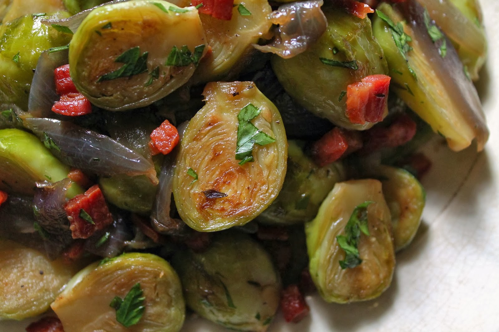 Sarah's Culinary Adventure Pan Fried Brussels Sprouts with Pancetta