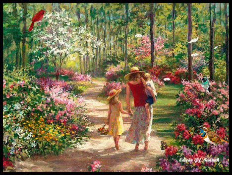 Mulher caminhando com seus filhos, numa estrada entre campos floridos.