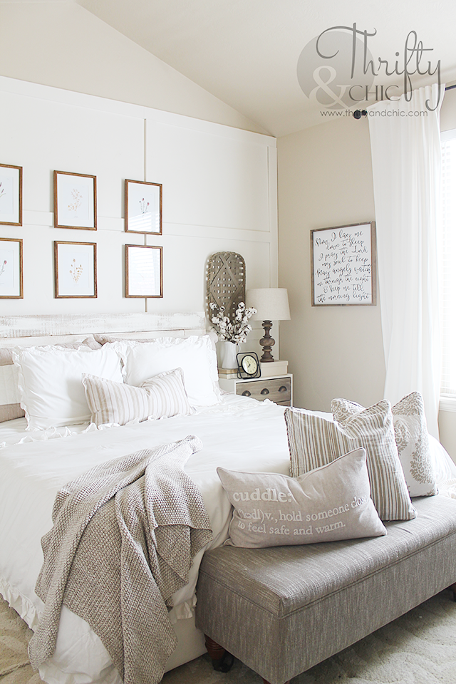 White and neutral bedroom decor and decorating ideas. White farmhouse cottage style master bedroom. Square board and batten bedroom