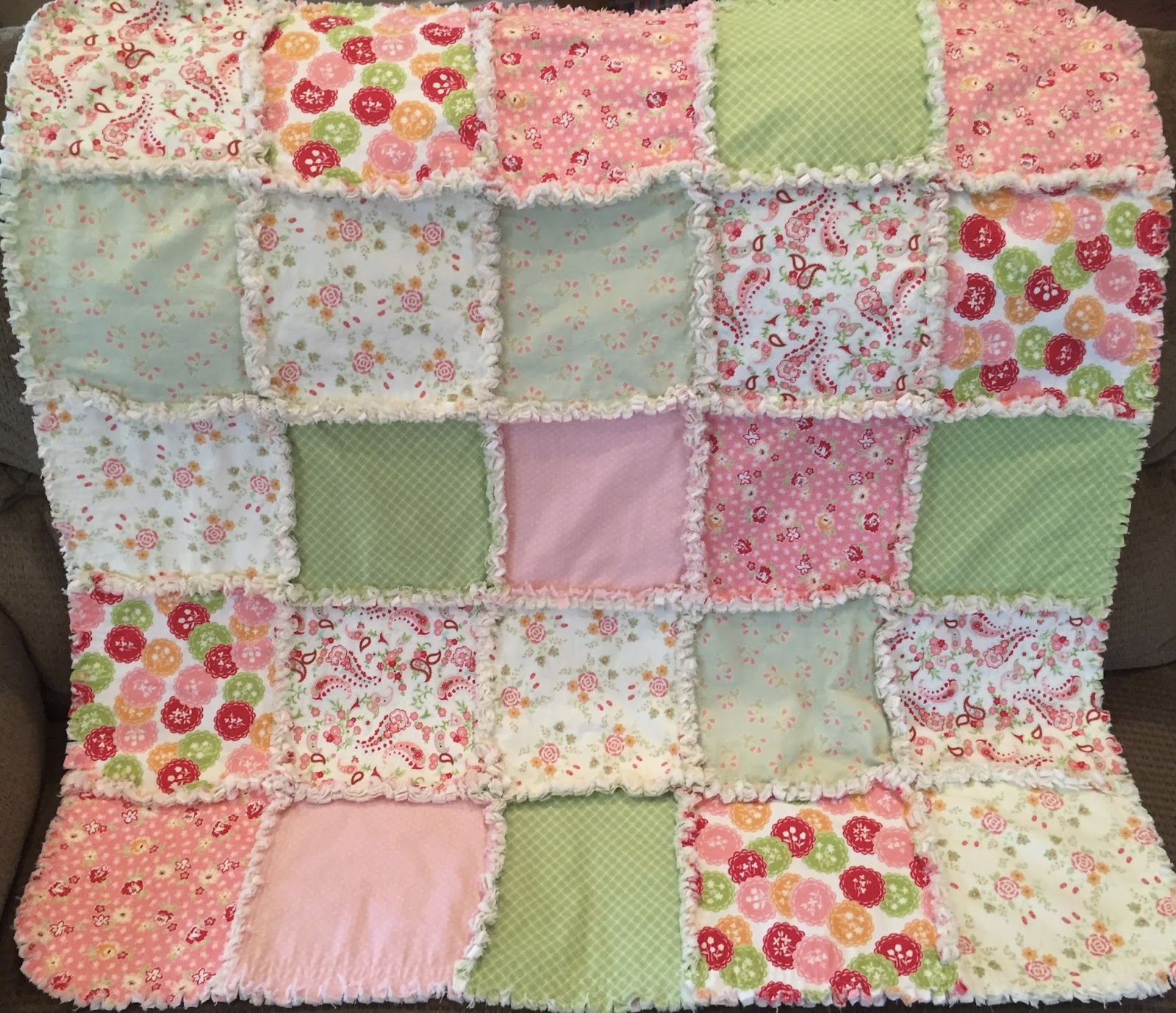 Deerecountry Quilts Green and Pink baby girl rag quilt