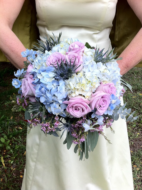 Blue and Lavender Rose and Hydrangea Wedding Bridal Bouquet by Stein Your Florist Co.