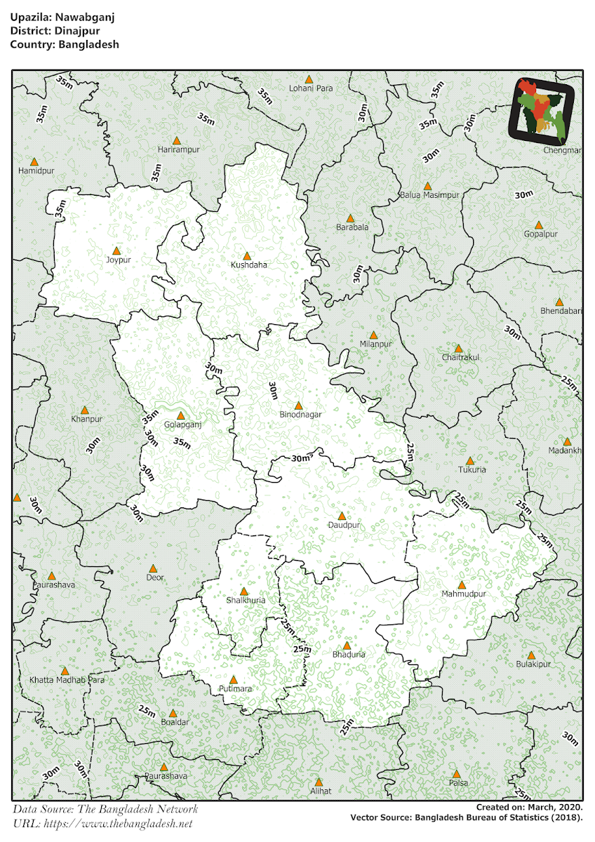 Nawabganj Upazila Elevation Map Dinajpur District Bangladesh