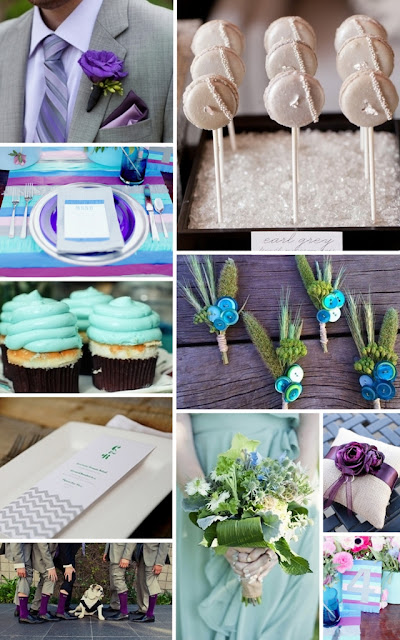 Blue, aqua, green, purple, and grey wedding inspiration board