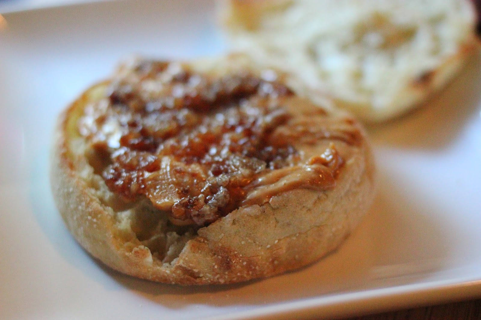 The Elvis Breakfast Sandwich with bacon jam.  It consists of peanut butter, spreadable bacon, and bananas on an English muffin.    Bacon Jams review.