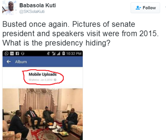 h PDP member claims Buhari's photos with Saraki, Dogara in London yesterday were from 2015