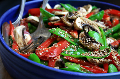Snow pea and red pepper salad adds crunch and colour to your buffet table