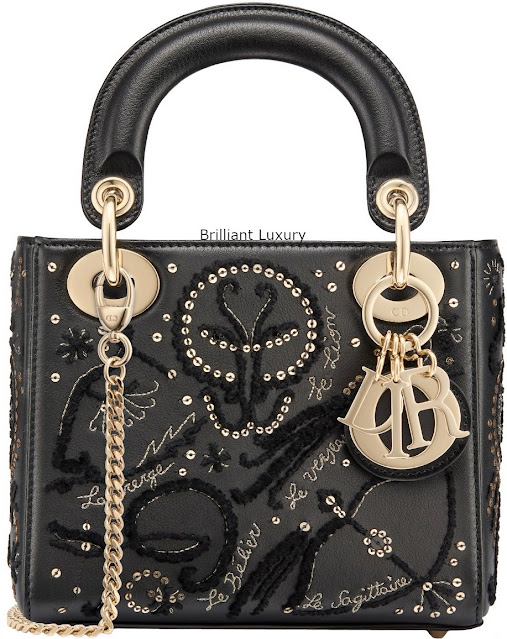 ♦Lady Dior bag, black smooth calfskin, embroidered with threads and sequins depicting the signs of the zodiac