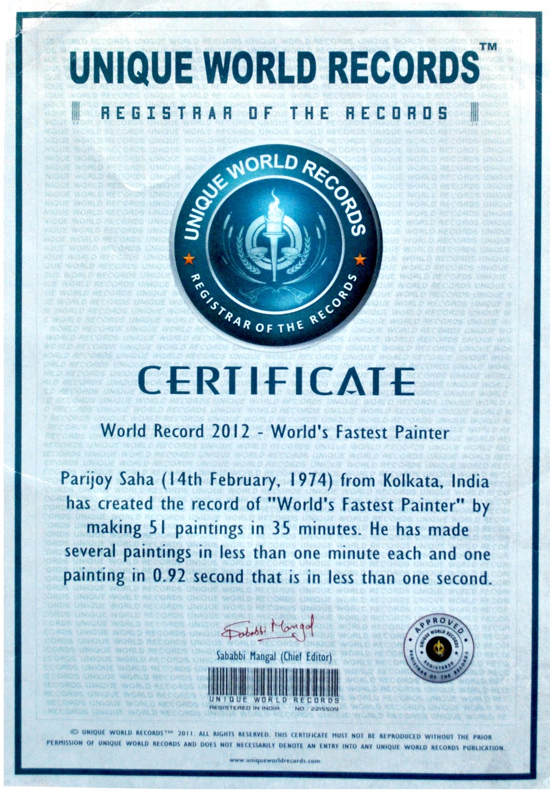 World Record Certificate World's Fastest Painter