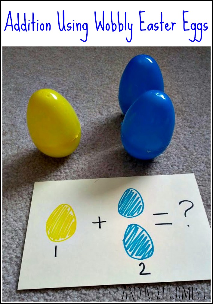 Math themed Easter activity for kids using wobbly Easter eggs from And Next Comes L