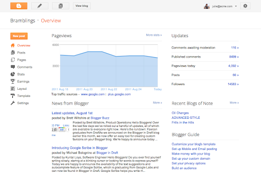 dashboard + Blogger changes interface