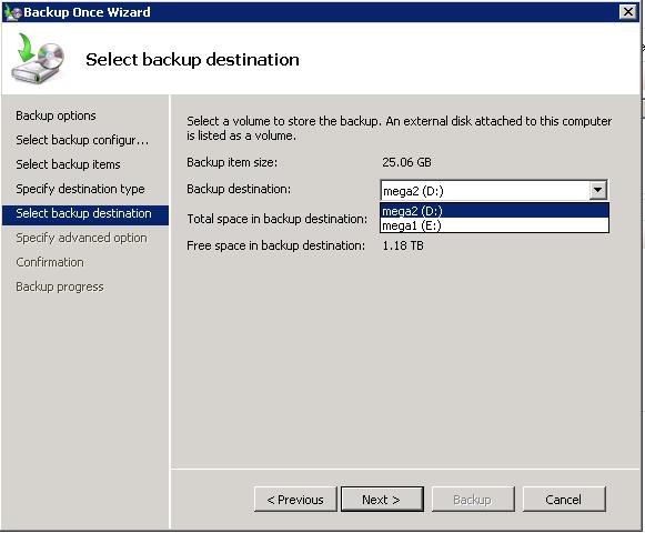 Backup space. Select backup destination on tape.