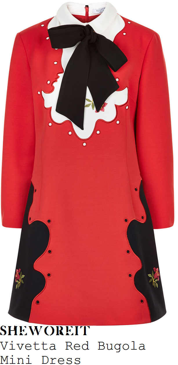 emma-bunton-vivetta-bright-red-white-and-black-contrast-wave-panel-and-floral-embroidery-detail-long-sleeve-peter-pan-collar-pussybow-tie-wool-blend-shift-mini-dress