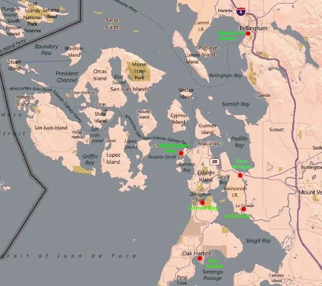 San JUan Islands map showing boat ramps at Cornet Bay, Squalicum Harbor, Twin Bridges, Oak Harbor, Washington Park, La Conner,