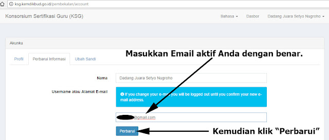 Cara Mengganti Email/Username dan Sandi/Password Akun di KSG (Konsorsium Sertifikasi Guru) Tahun 2017 di laman http://ksg.kemdikbud.go.id