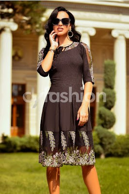 rochie midi neagra in cute office cu broderie in nuante de roz si verde rochie midi neagra in cute office cu broderie in nuante de roz si verde