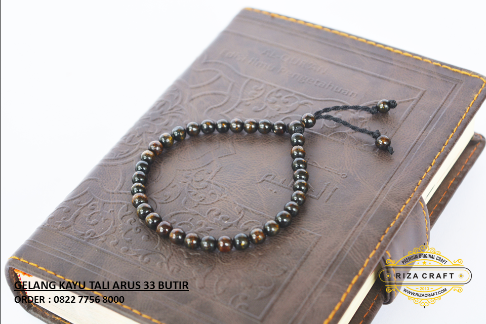 Jual Gelang Tasbih Kayu Tali Arus Hitam Laut Serat Emas