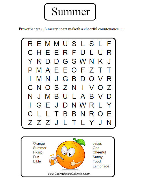 Orange Summer Word Search For Sunday School Kids