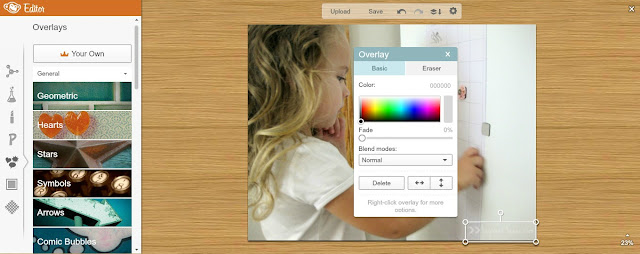 Upload photo, add watermark with transparent background as your own overlay.