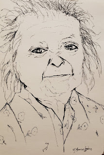 Old lady with floral shirt pen sketch limited line work