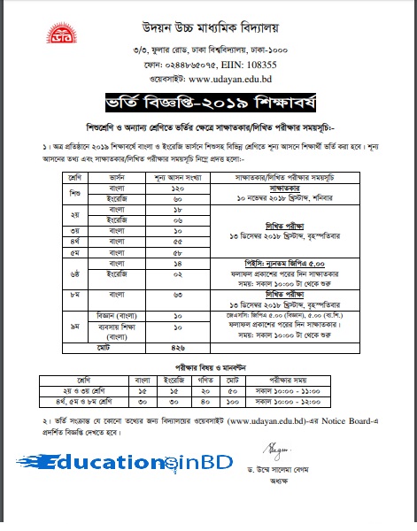 Dhaka Udayan High School Admission Notice Result 2019 