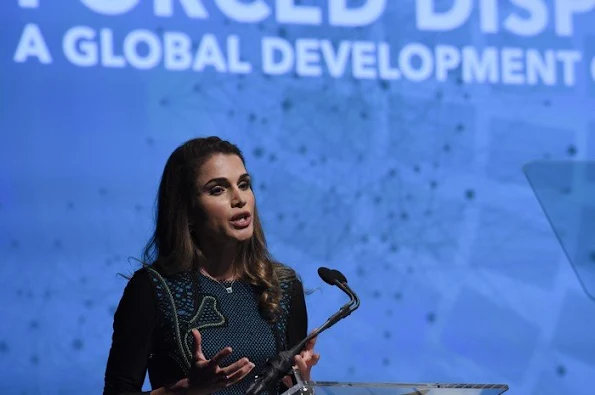 Queen Rania of Jordan sits next to President, World Bank Group Jim Yong Kim and Ban Ki-moon, Secretary-General, United Nations before delivering remarks during a discussion on 'Forced Displacement: A Global Development Challenge'