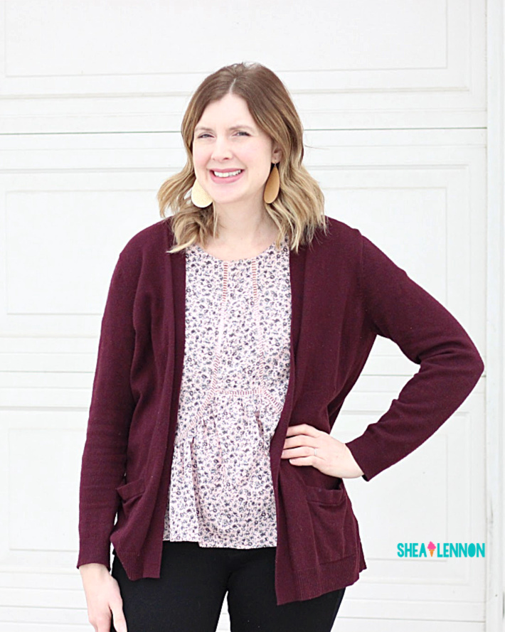 burgundy and blush outfit idea - cardigan with floral blouse | shealennon.com