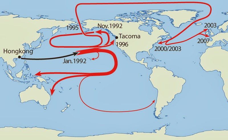 40 Maps That Will Help You Make Sense of the World - Map of Where 29,000 Rubber Duckies Made Landfall After Falling off a Cargo Ship in the Middle of the Pacific Ocean