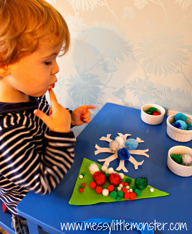 Christmas themed fine motor skills activity ideas. Pre-writing activities for toddlers and preschoolers. A great addition to a Christmas or Winter themed project for young kids.