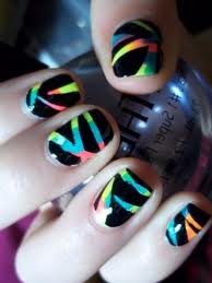 Black Nail Art with Colorful Stripes
