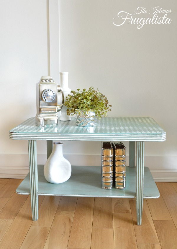 A unique Art Deco coffee table makeover painted duck egg blue with harlequin stenciled top for a fun retro-style furniture upcycle.