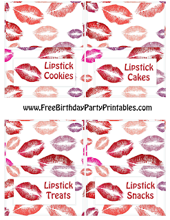 Free Lipstick Kisses Birthday Party Printables- Food Cards. Flag Bunting Banners, Cut Outs, Cupcake Toppers