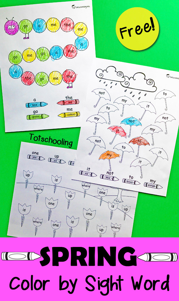 FREE Spring themed sight word coloring activity for preschool and kindergarten, featuring a caterpillar, umbrellas and flower garden!