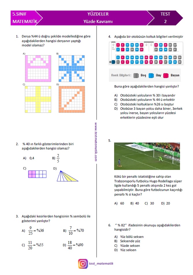 5 Sinif Yuzdeler Test 2 Test Matematik