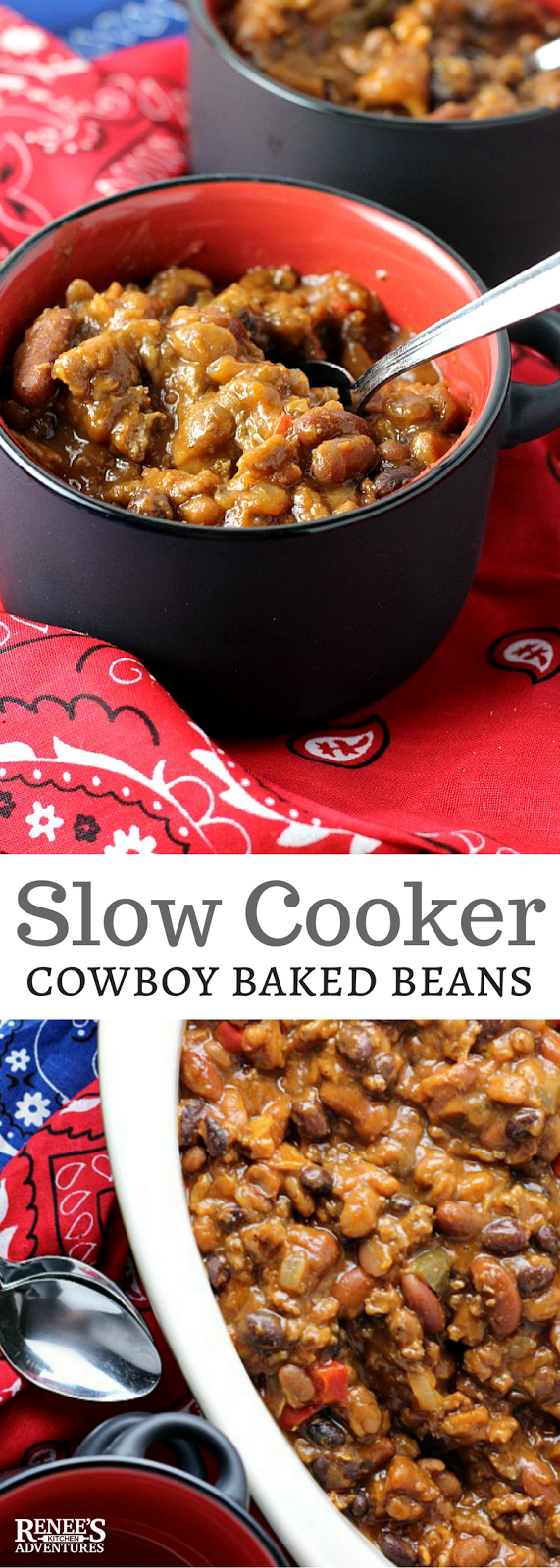 Slow Cooker Cowboy Baked Beans | Renee's Kitchen Adventures - easy slow cooker recipe for cowboy baked beans made with beef, bacon, peppers and love! Makes a hearty side dish or complete dinner! #SundaySupper #RootsinBoots