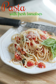 Pasta with Fresh Tomatoes recipe from Served Up With Love. Fresh tomatoes from the garden paired with pasta make for a quick and satisfying meal. 