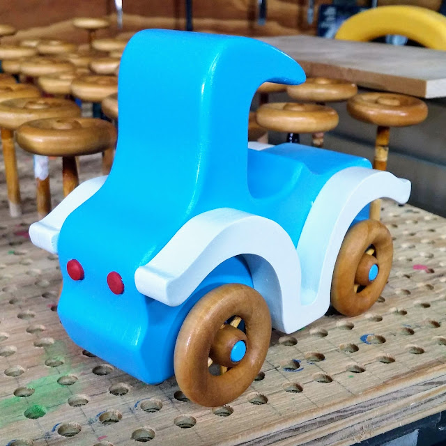 Handmade Wooden Toy Car - Bad Bob's Custom Motors - Blue & White