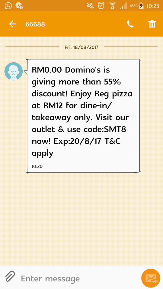 More Than 55% Off For Takeaway/Dine-In Domino's Regular Pizza. Promo Available From 18/8/17 Until 20/8/17