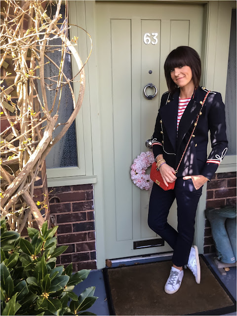My Midlife Fashion, Isabel Marant Milford Military Jacket, Uniqlo breton top, leather quilted handbag, boden cigarette trousers, golden goose superstar trainers, 