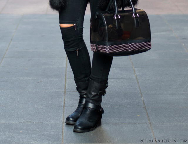 slashed knee jeans with zipps Maison Scotch, camo shirt and black faux fur gilete vest Asos, biker boots Antonela Knežević, 