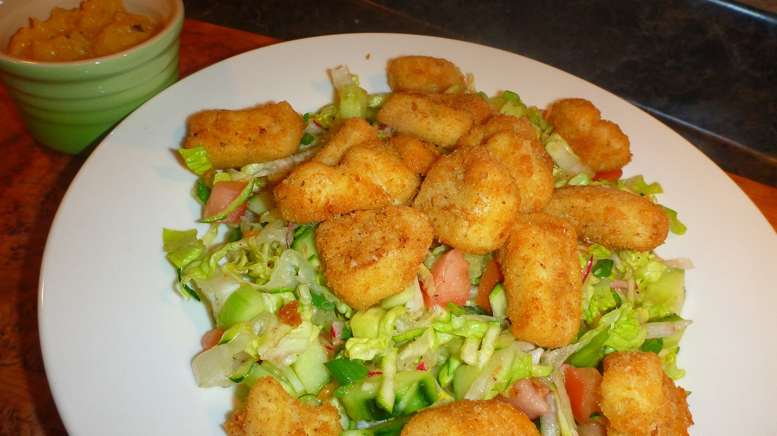 Halibut Nuggets and Chopped Salad