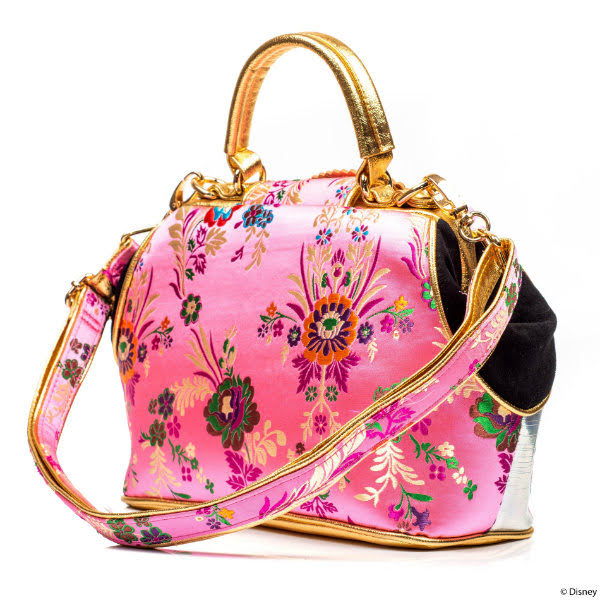 Irregular Choice Let Dreams Blossom Bag back back of pink floral handbag with long strap and black sides and gold detailing