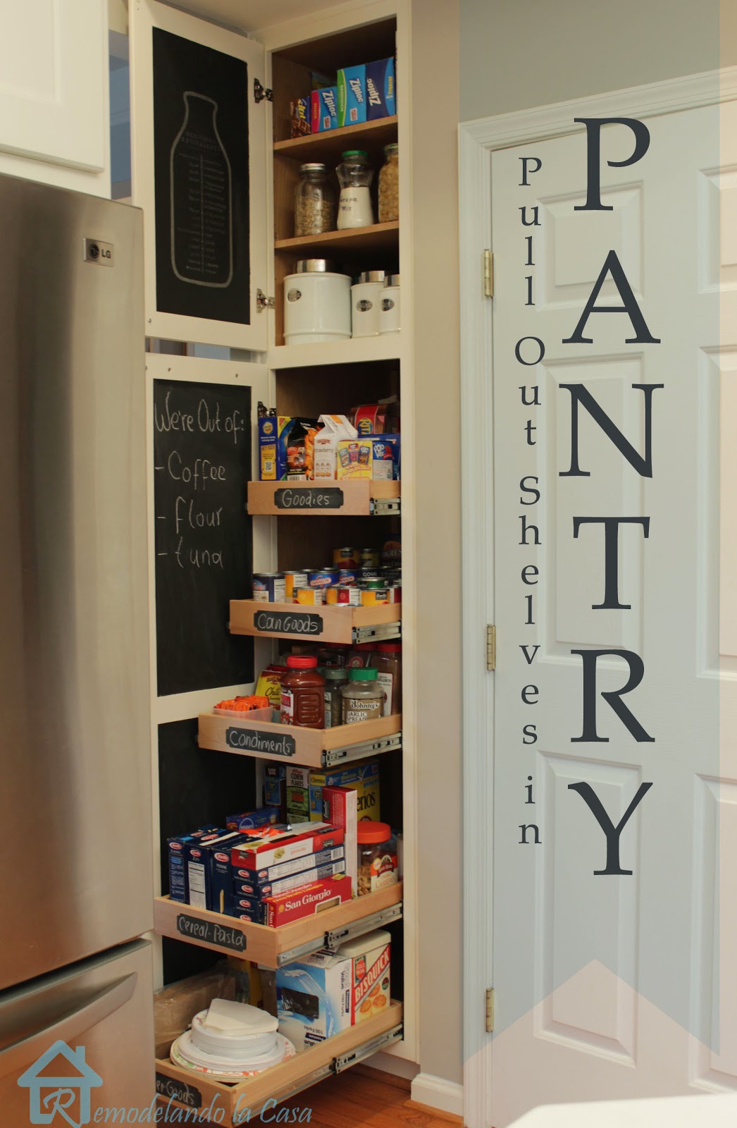An organized pantry cabinet with pull out shelves.