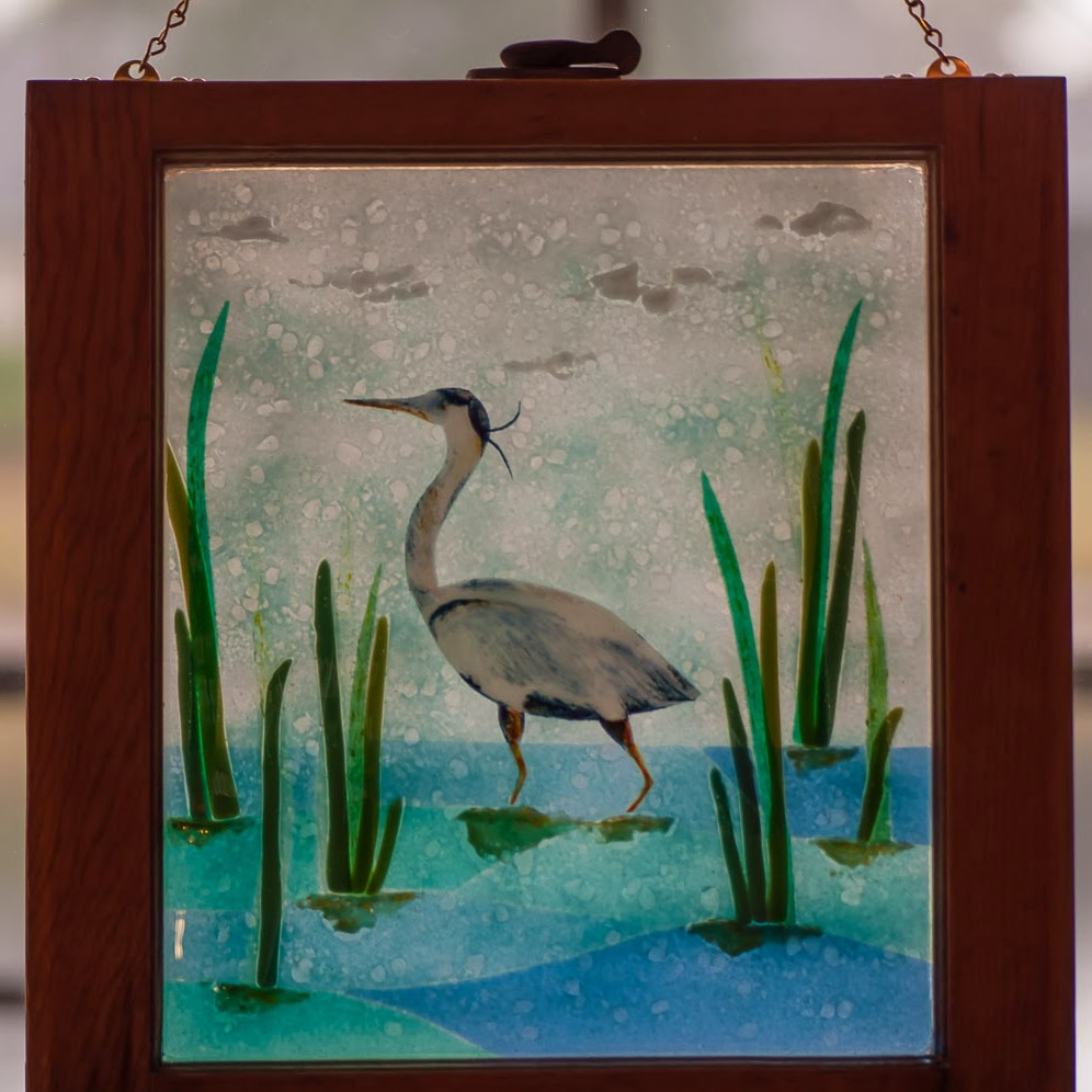 Fused Glass Great Blue Heron Egret Marsh Antique Stained Window Tidal Swamp Recycled Upcycled Frame