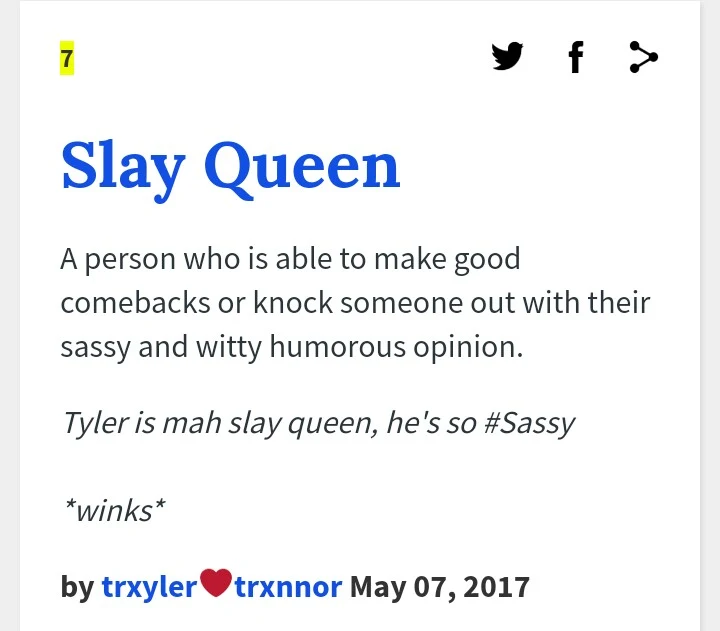 Check out these seven (7) definitions of the word, 'SLAY QUEEN' by Urban Dictionary