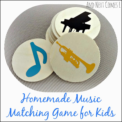 Learn about music with this simple homemade music matching game for kids from And Next Comes L